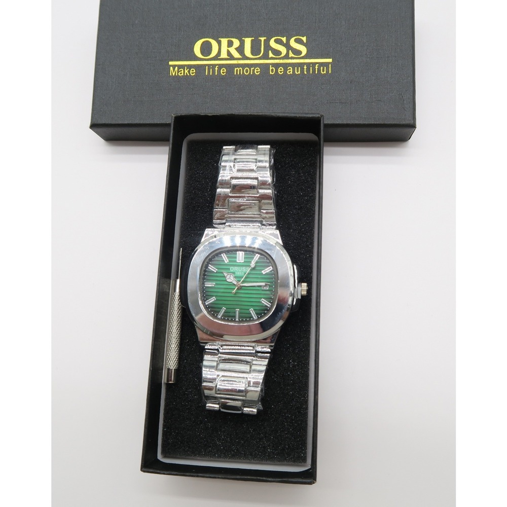 Oruss 1853 Mens Watch Green Dial Silver Stainless Steel Link Bracelet New in Box